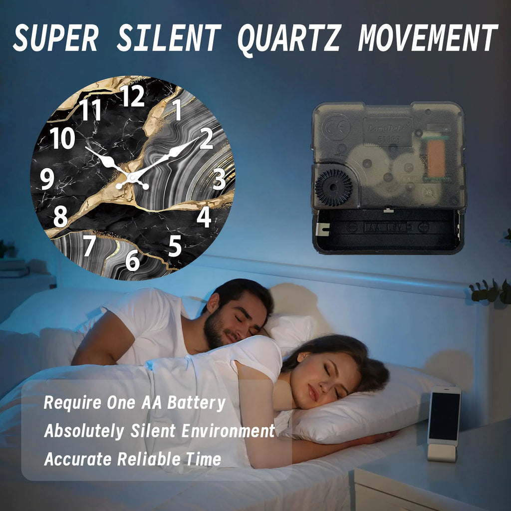 Modern Round Wooden Wall Clock Silent Marble Design