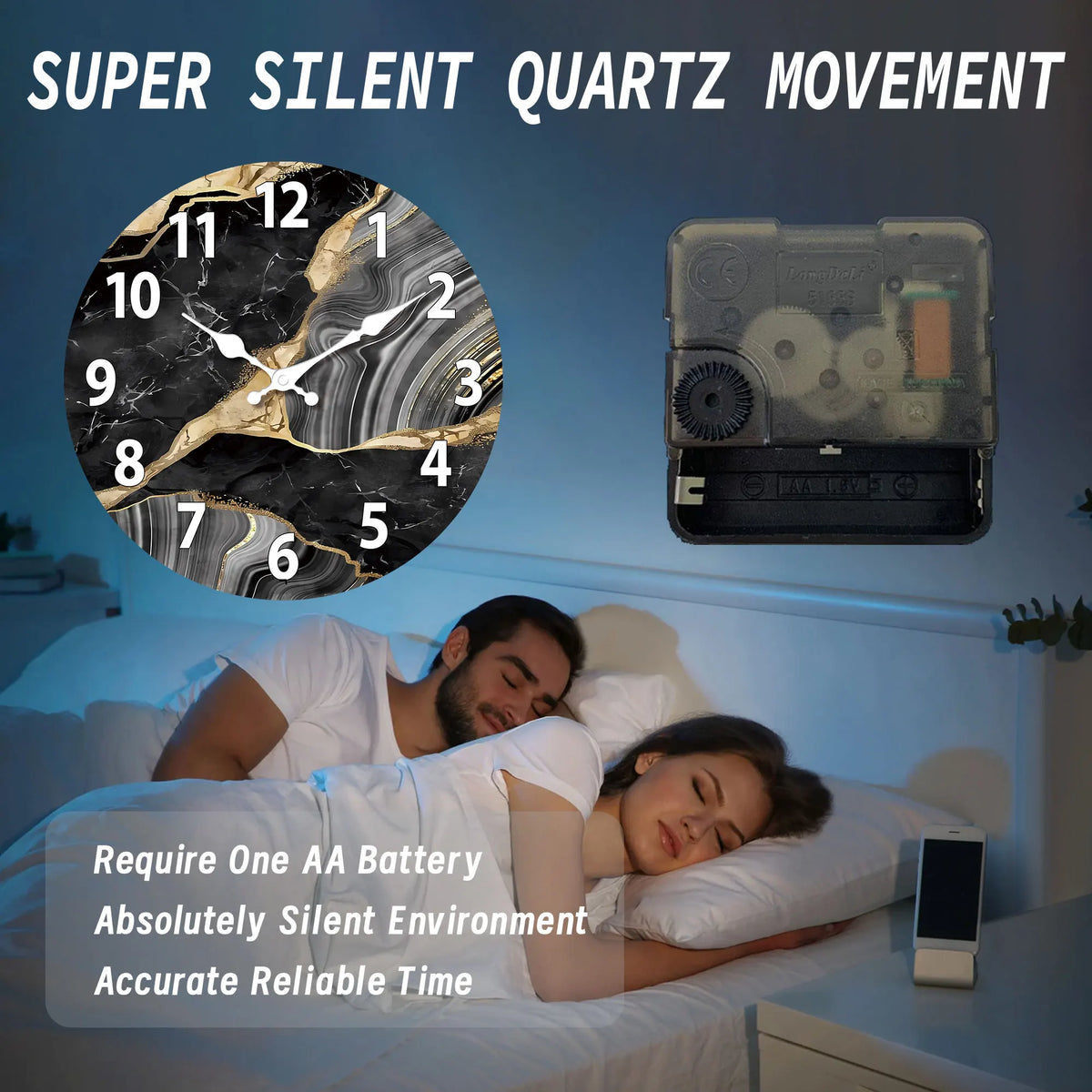 Modern Round Wooden Wall Clock Silent Marble Design