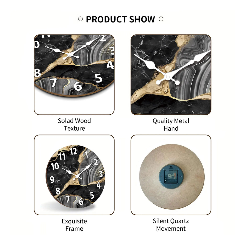 Modern Round Wooden Wall Clock Silent Marble Design