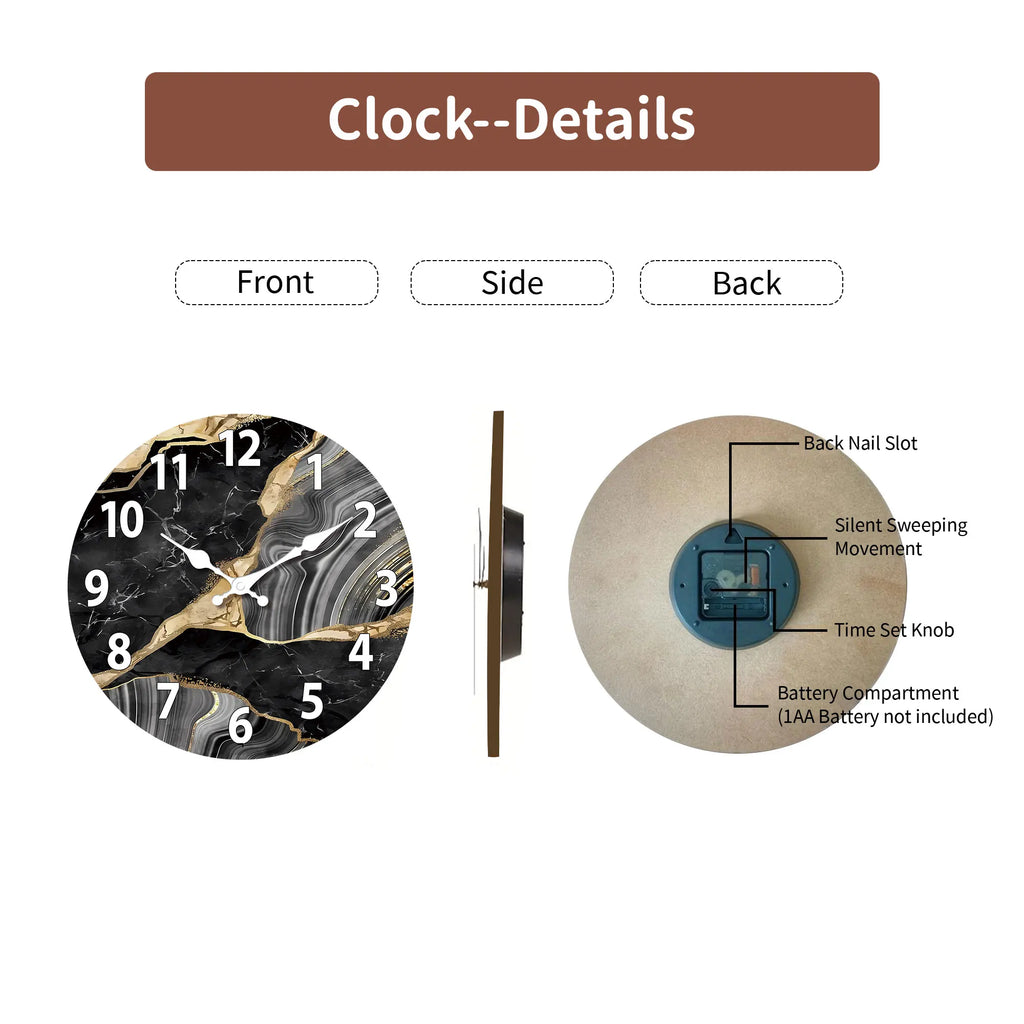 Modern Round Wooden Wall Clock Silent Marble Design