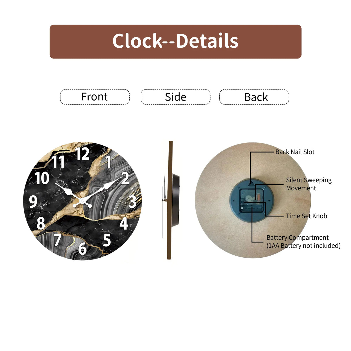 Modern Round Wooden Wall Clock Silent Marble Design