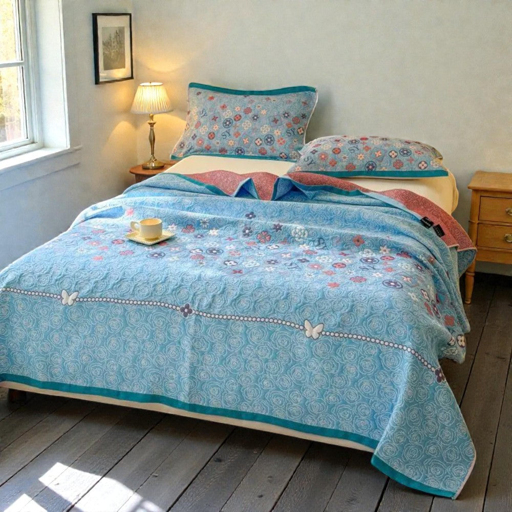 Turquoise Floral Cotton Gauze Blanket - product view 1
