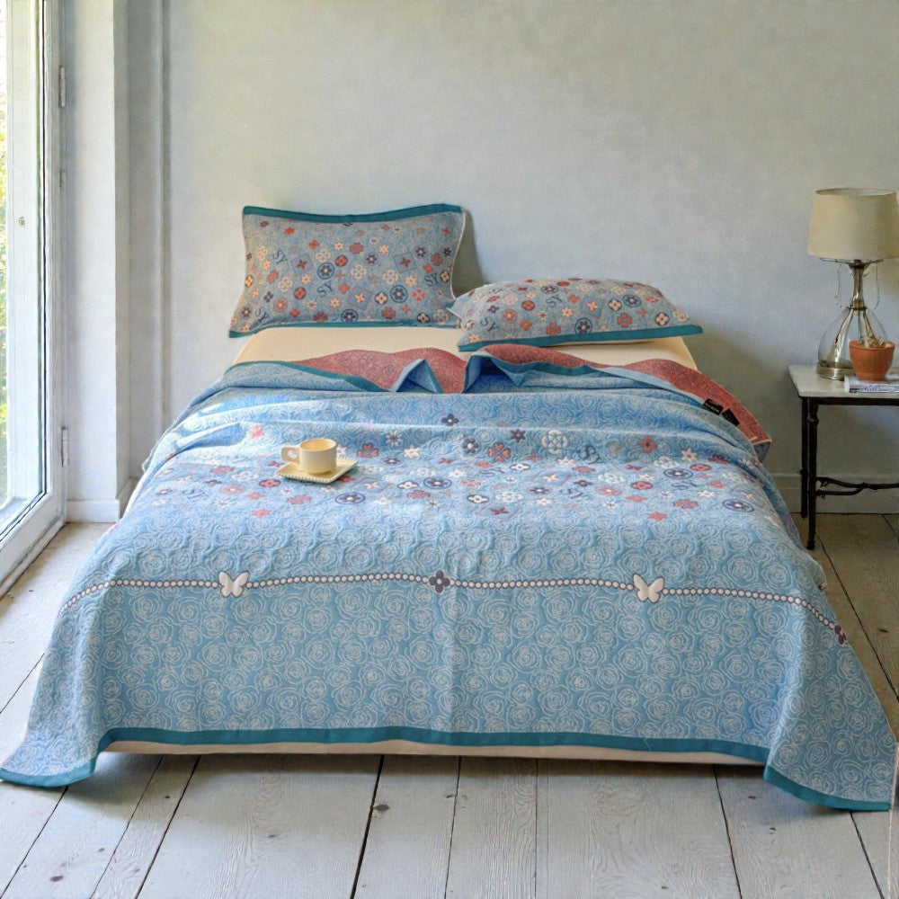 Turquoise Floral Cotton Gauze Blanket - product view 4