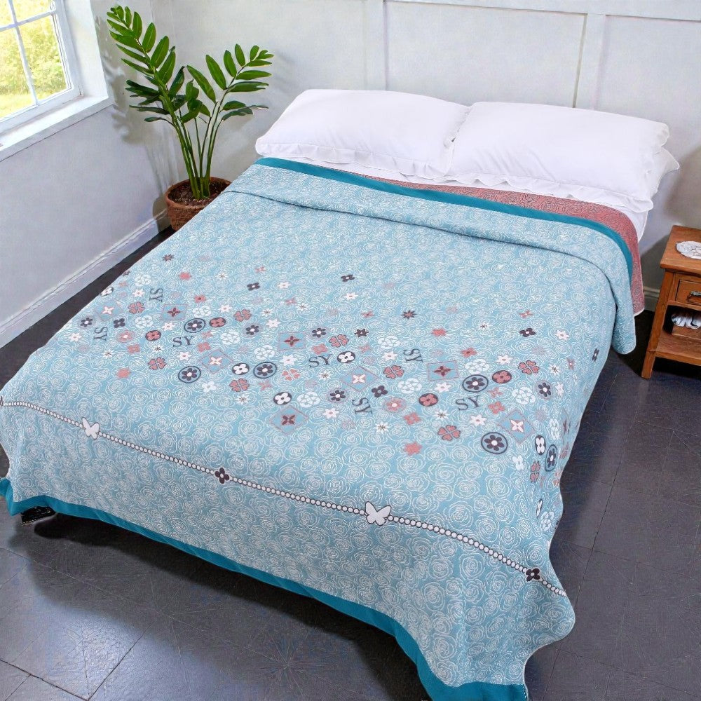 Turquoise Floral Cotton Gauze Blanket - product view 5