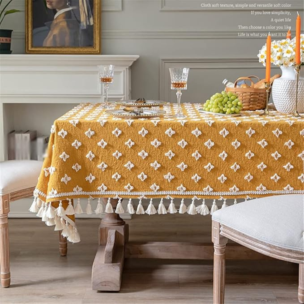 Yellow Embroidered Tassel Tablecloth – image 3