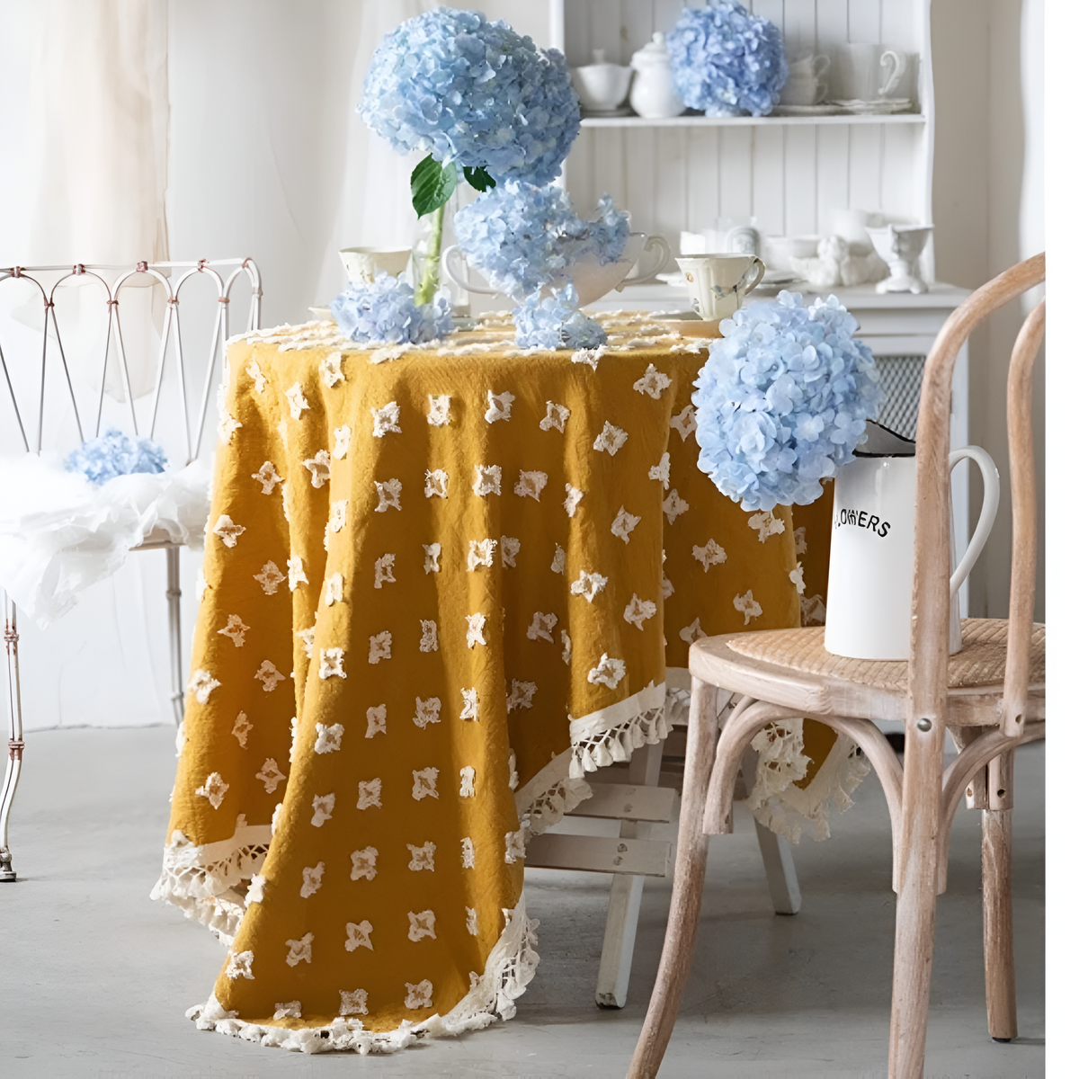 Yellow Embroidered Tassel Tablecloth – image 6