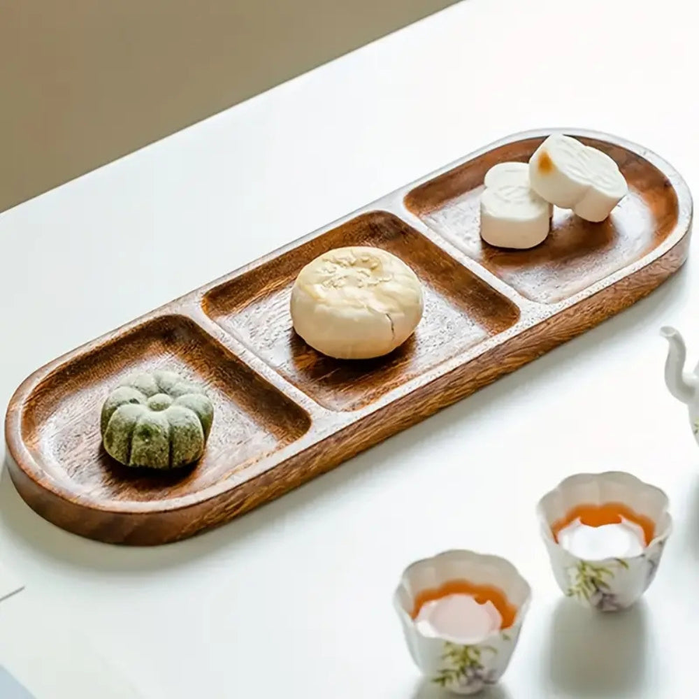 Wooden Three-Compartment Serving Tray for Snacks - product view 2