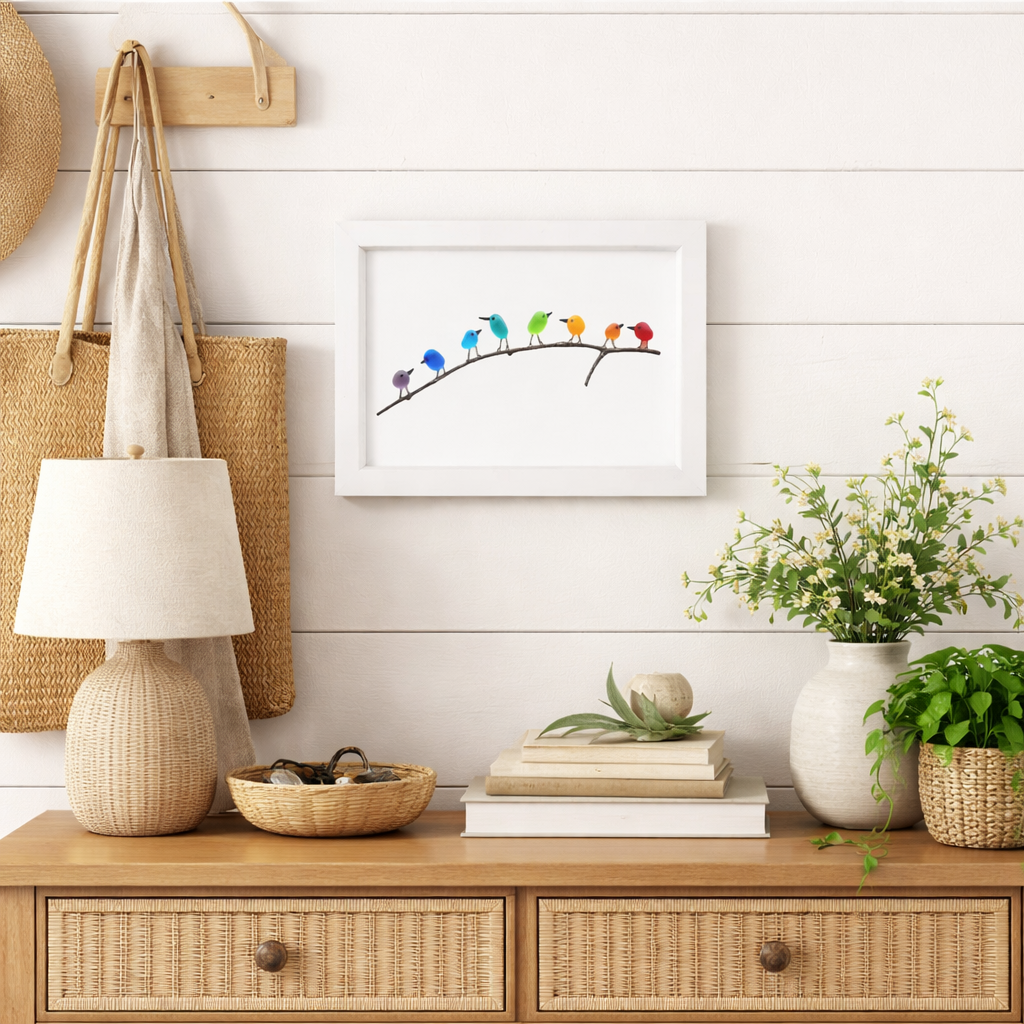 Coastal Bird Shadow Box Wall Art, Sea Glass and Driftwood — product view 1