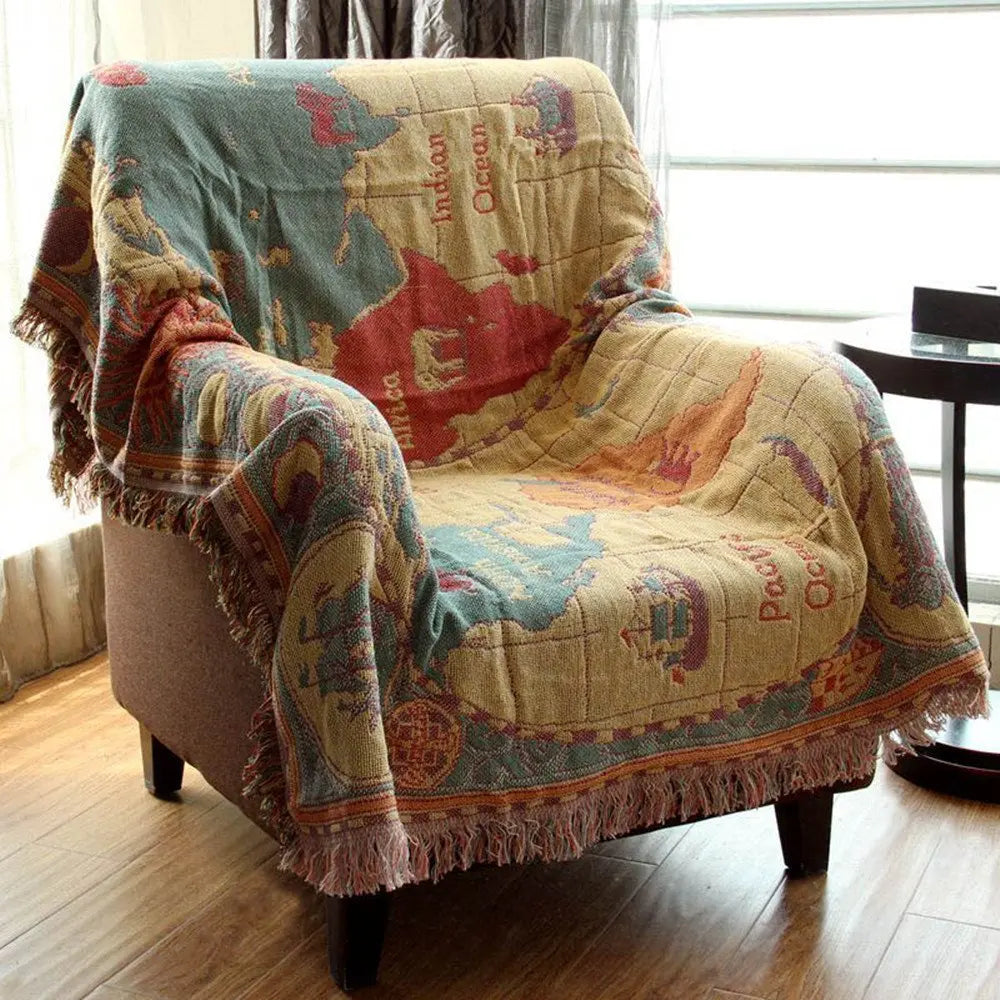 World Map Cotton Throw Blanket with Fringed Edges - product view 6