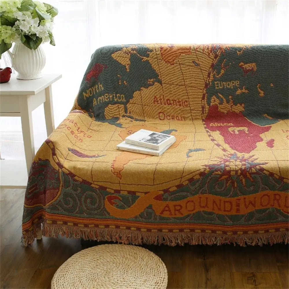 World Map Cotton Throw Blanket with Fringed Edges - product view 5