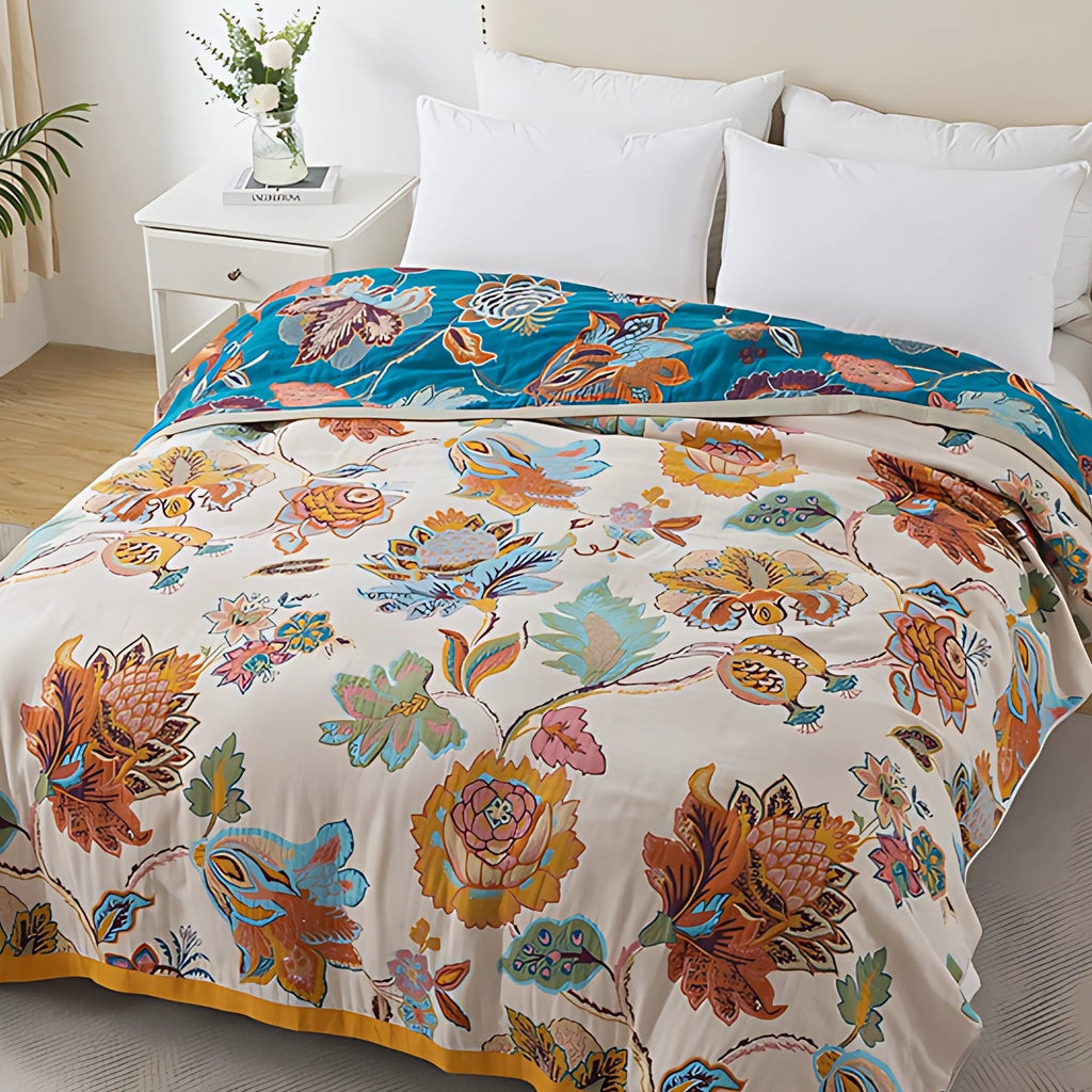 Reversible Floral Cotton Blanket with Botanical Design - product view 2