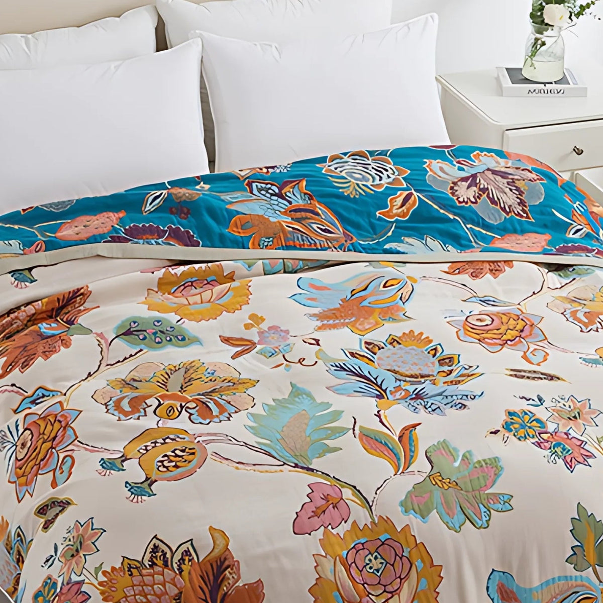 Reversible Floral Cotton Blanket with Botanical Design - product view 1