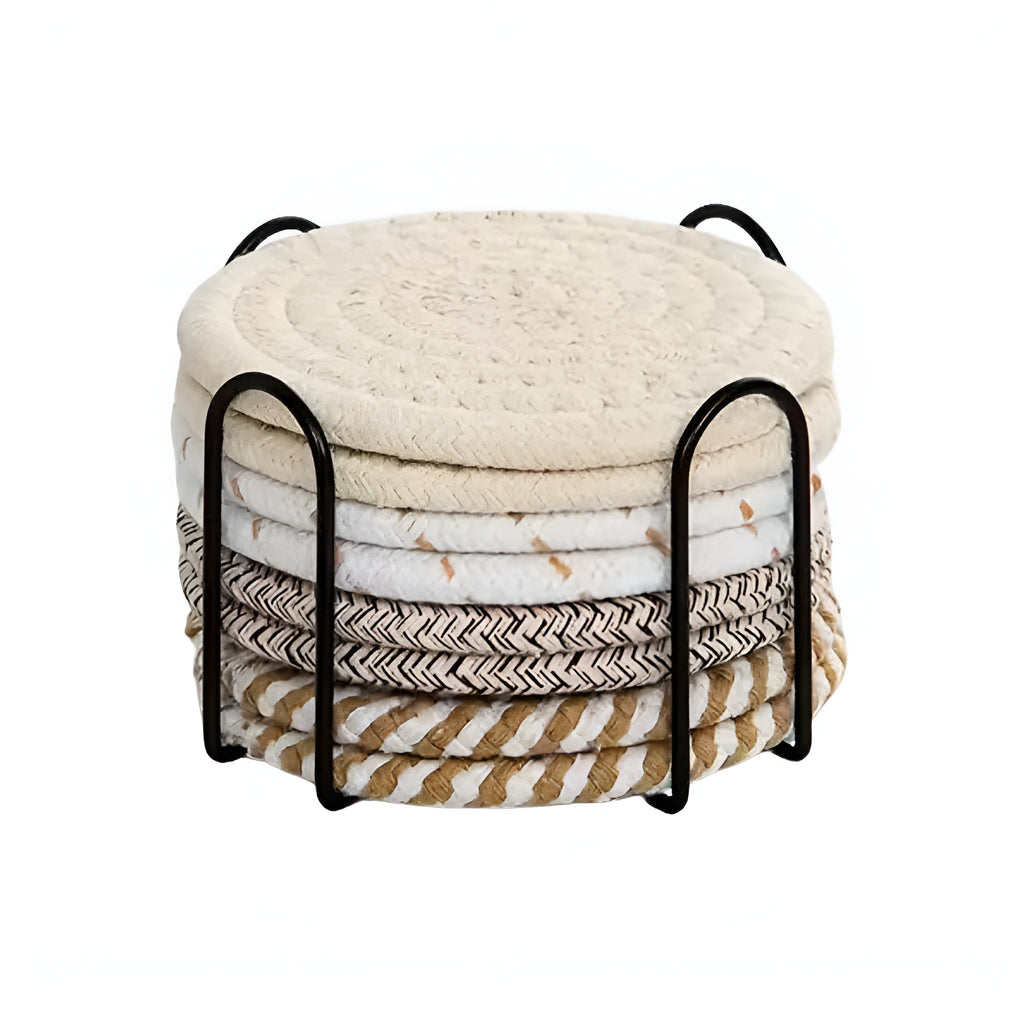 Woven Cotton Coaster Set, 8 Coasters with Matching Holder - product view 9