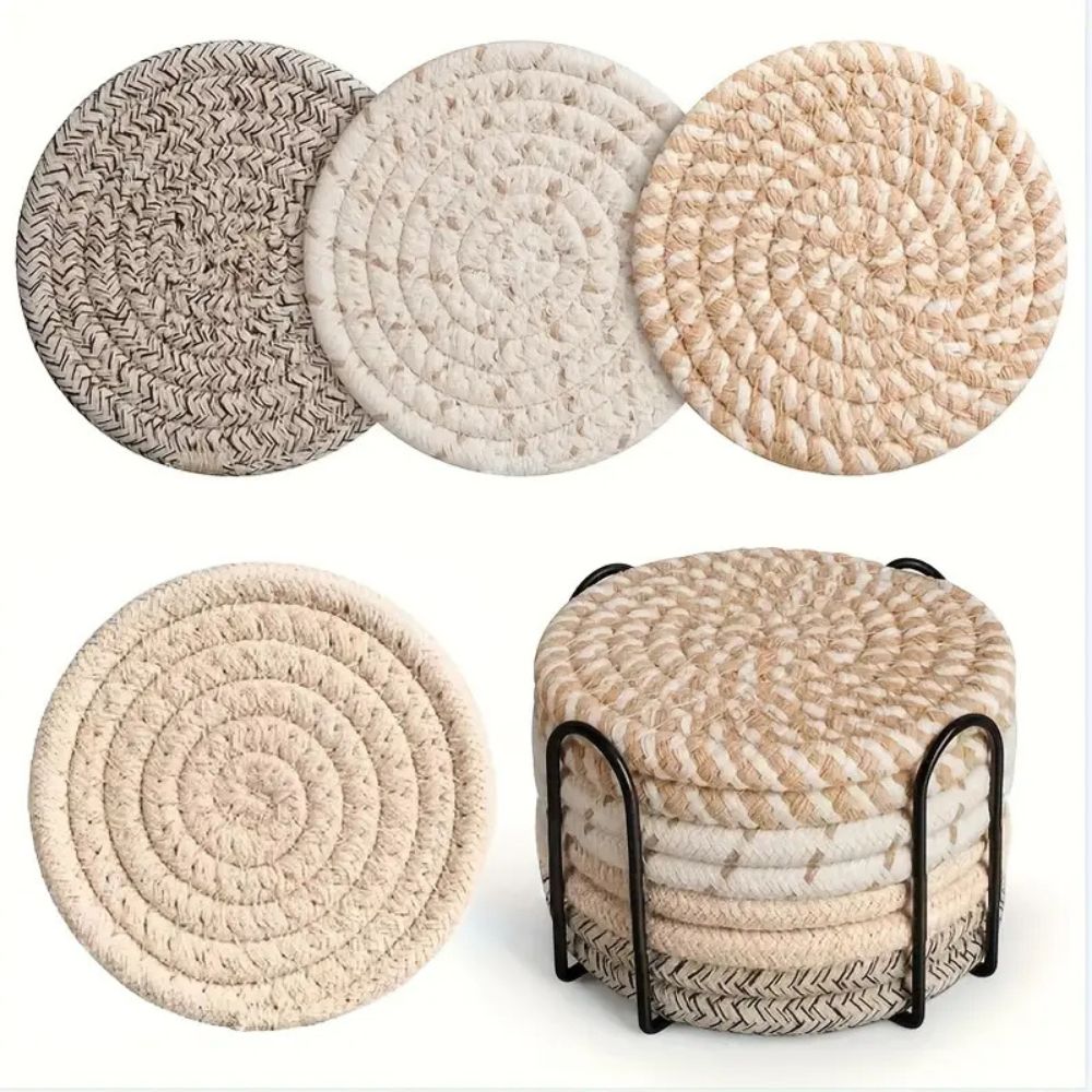 Woven Cotton Coaster Set, 8 Coasters with Matching Holder - product view 6
