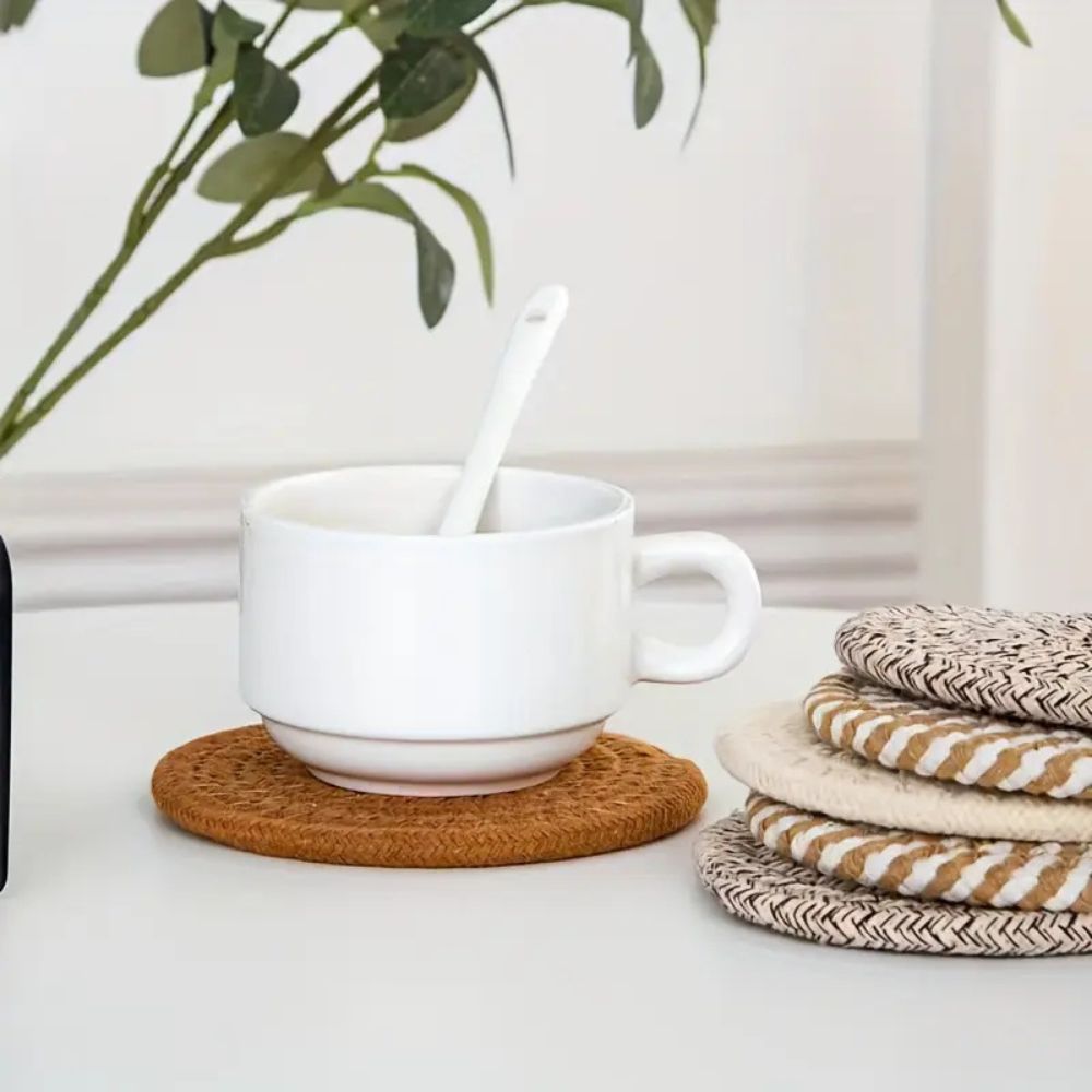 Woven Cotton Coaster Set, 8 Coasters with Matching Holder - product view 5
