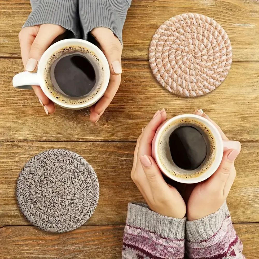 Woven Cotton Coaster Set, 8 Coasters with Matching Holder - product view 2