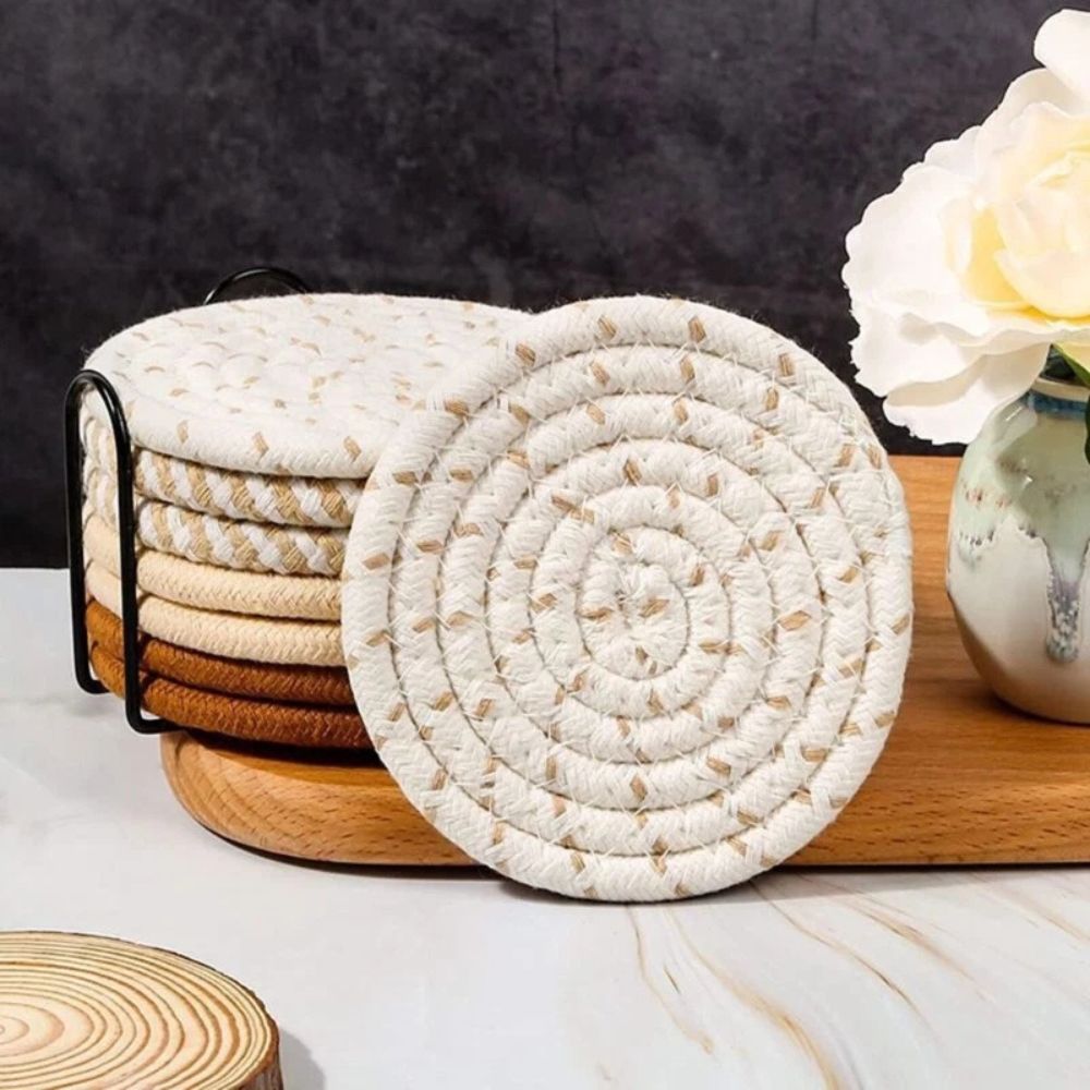 Woven Cotton Coaster Set, 8 Coasters with Matching Holder - product view 4