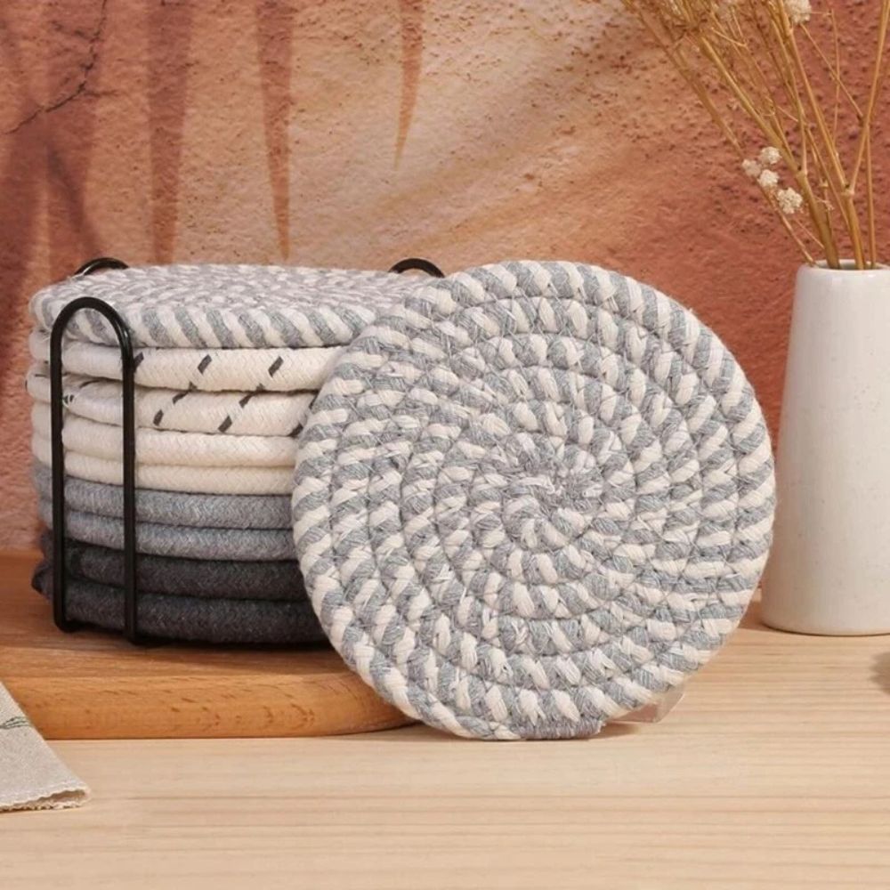 Woven Cotton Coaster Set, 8 Coasters with Matching Holder - product view 3