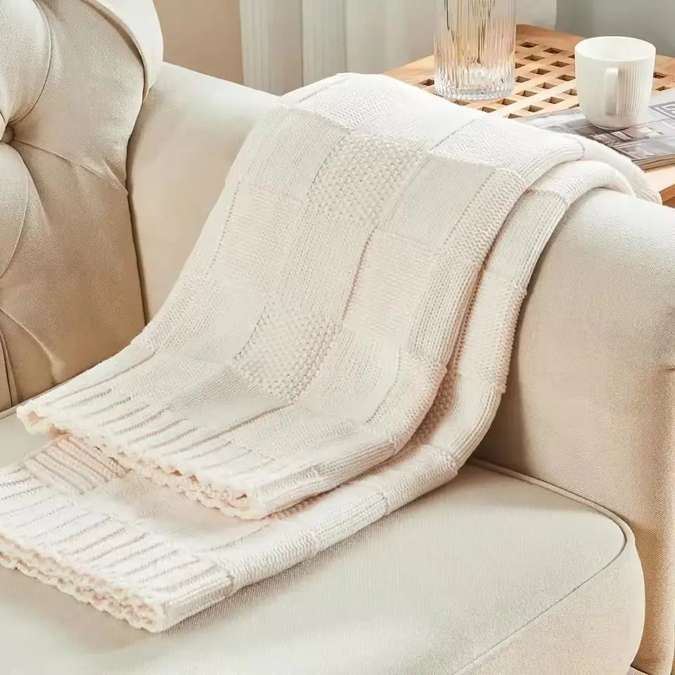 Checkered Knit Throw Blanket with Ribbed Edges - product view 9