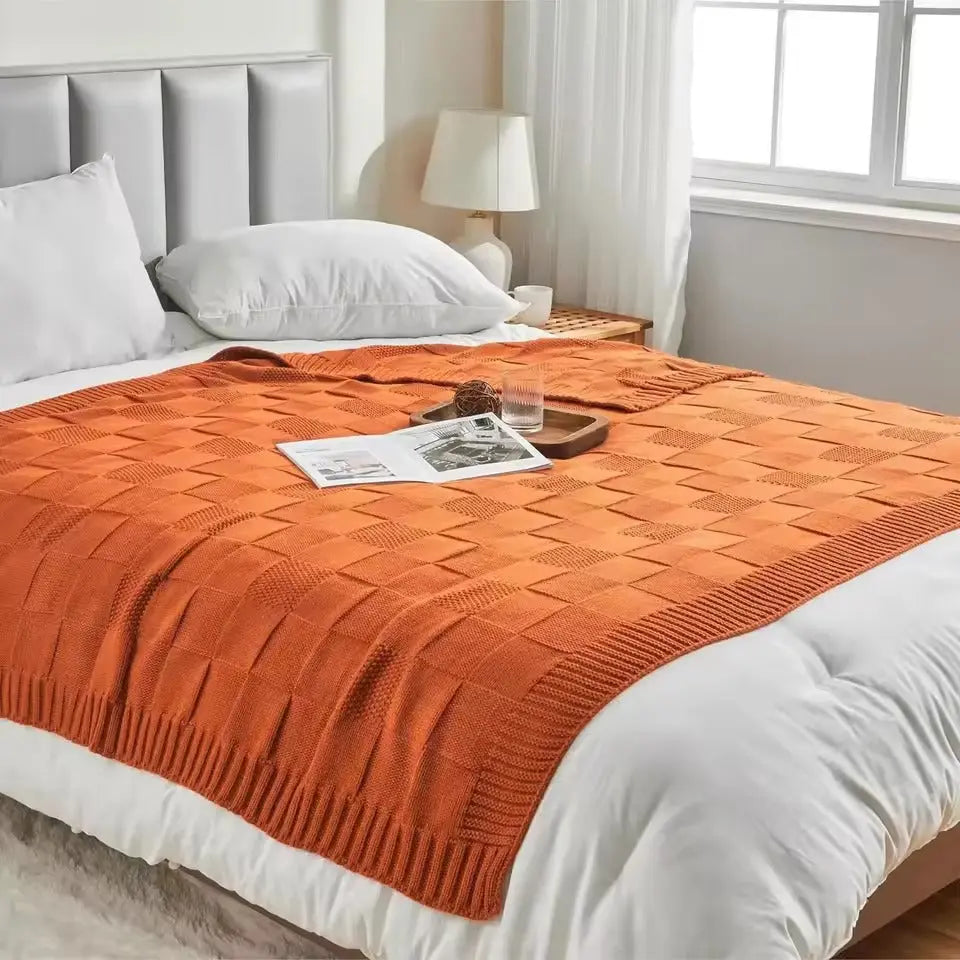 Checkered Knit Throw Blanket with Ribbed Edges - product view 7