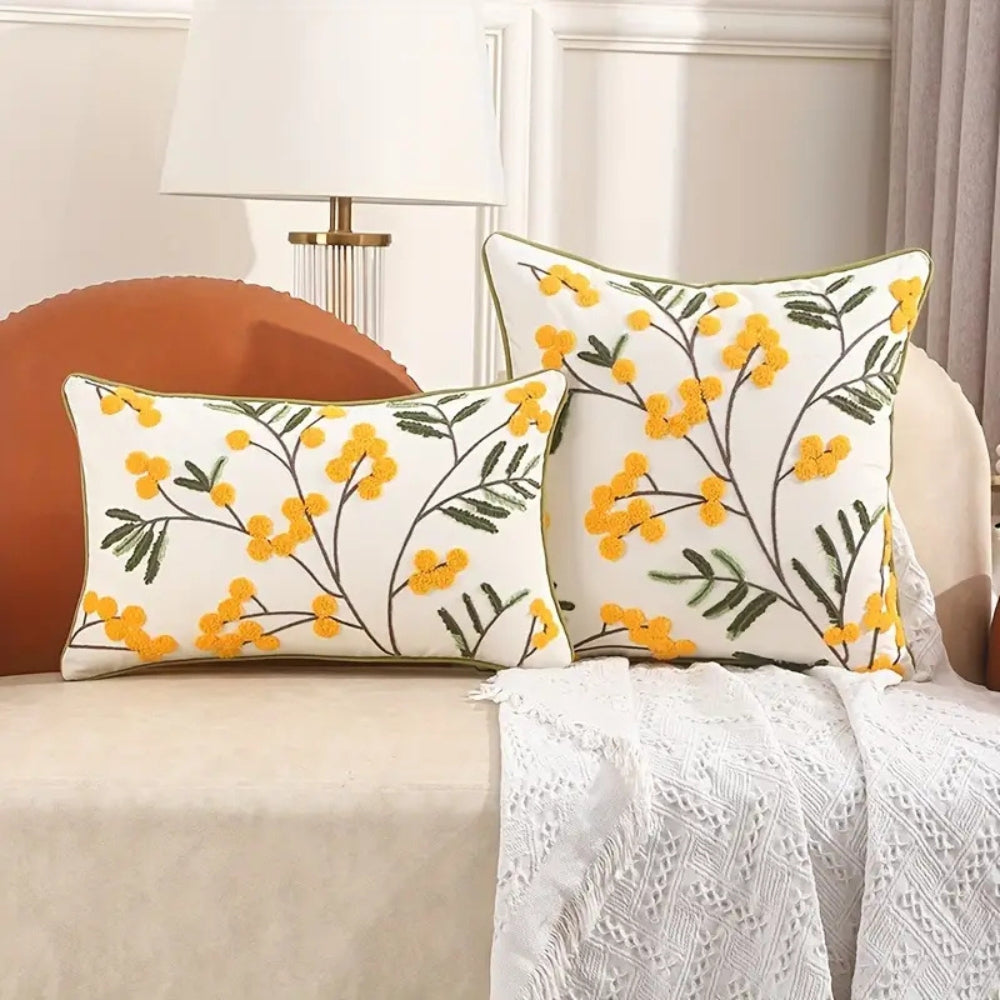 Yellow Floral Embroidered Cushion Cover with Hidden Zip - product view 1