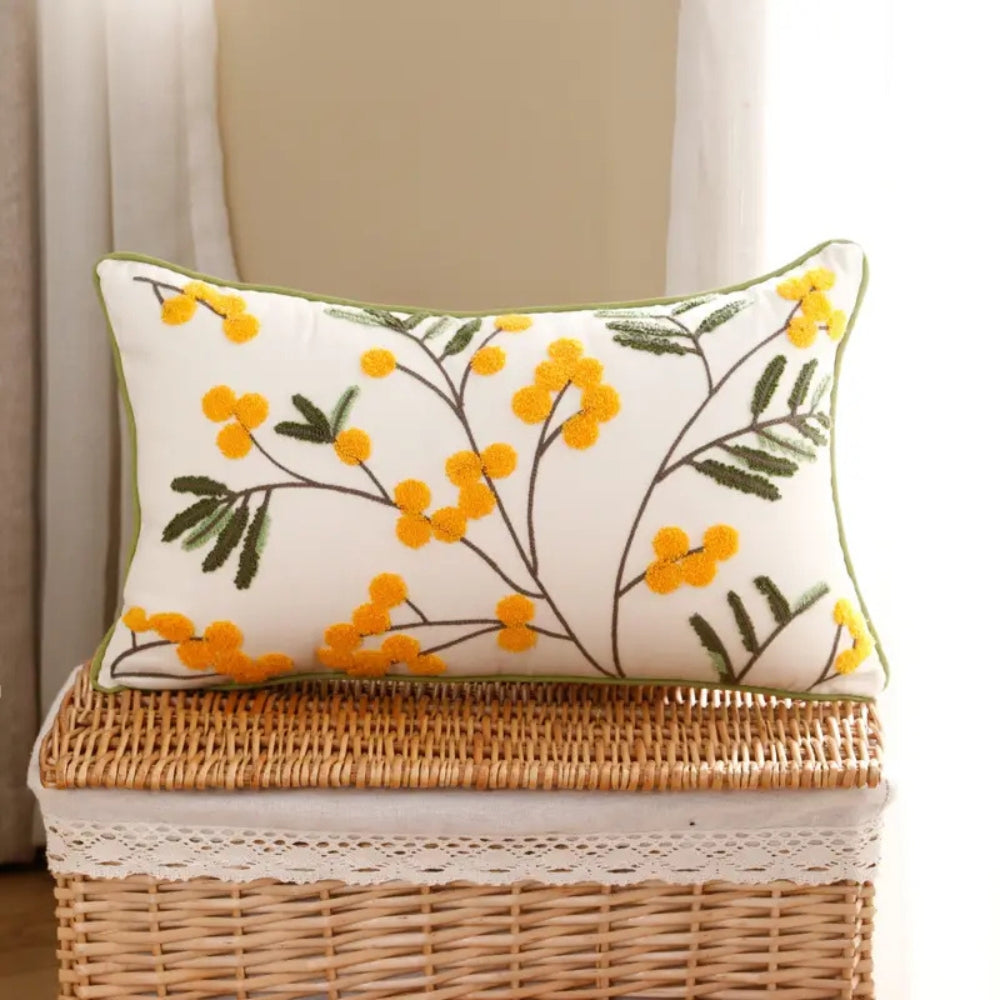 Yellow Floral Embroidered Cushion Cover with Hidden Zip - product view 2