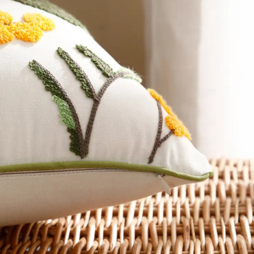 Yellow Floral Embroidered Cushion Cover with Hidden Zip - product view 7