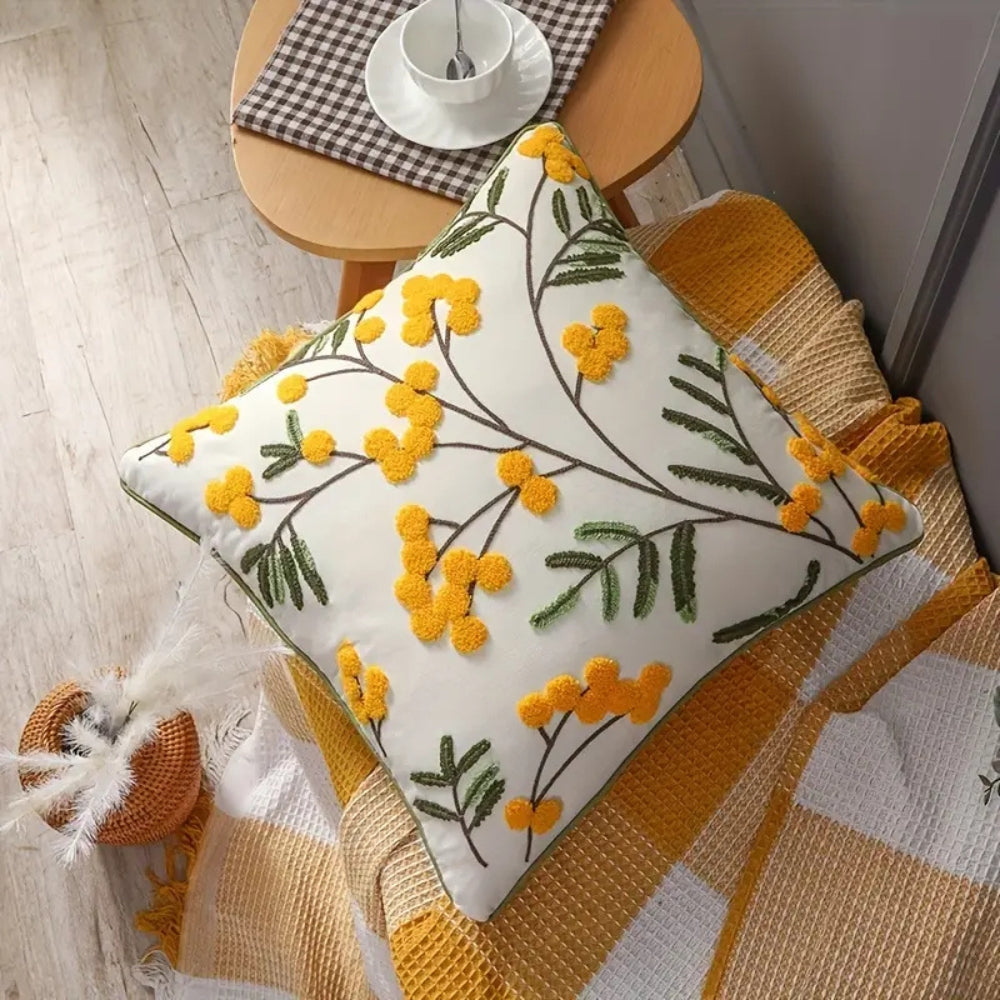 Yellow Floral Embroidered Cushion Cover with Hidden Zip - product view 4