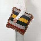 Striped Cable Knit Throw Cushion with Fringe, Cotton-Wool Blend - product view 5