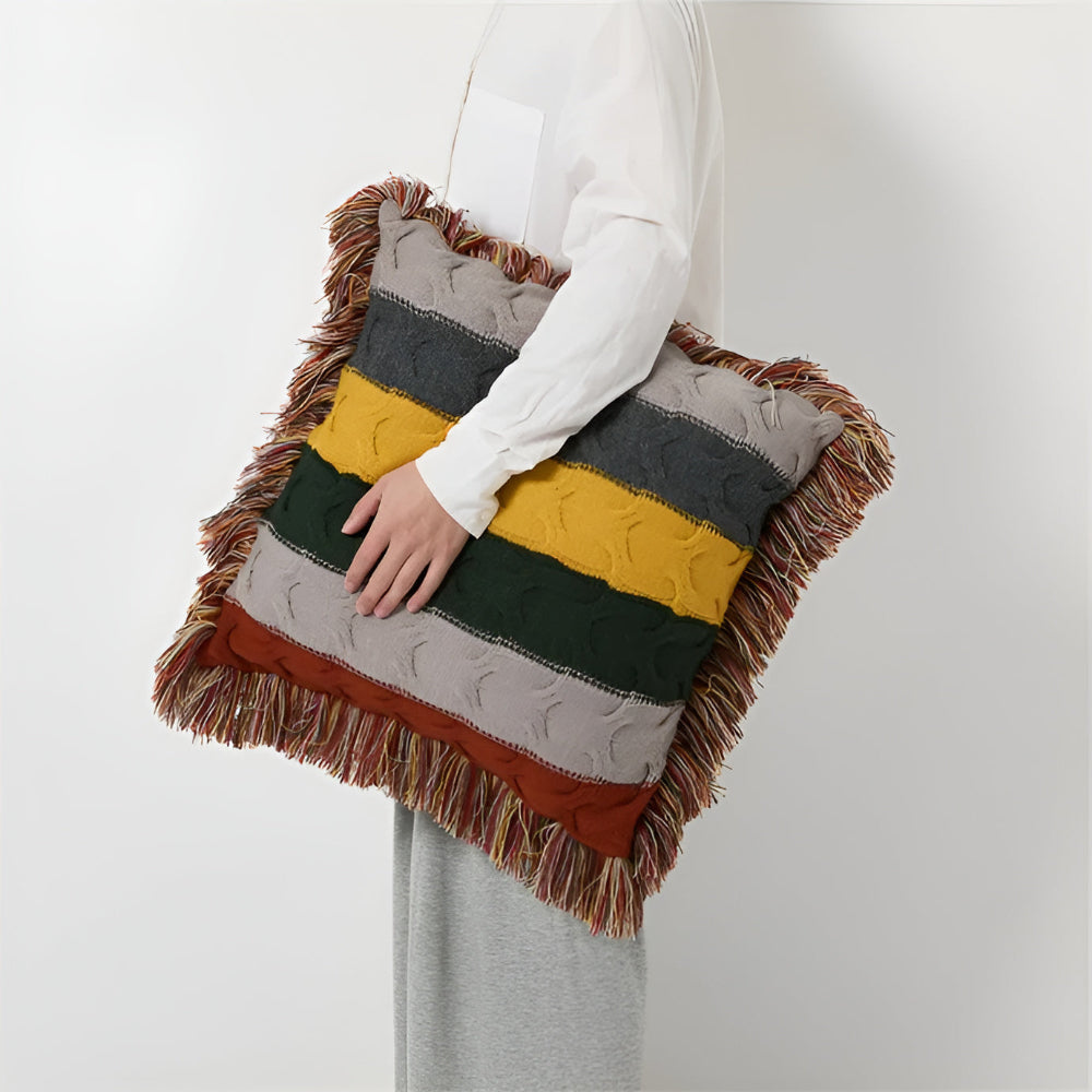 Striped Cable Knit Throw Cushion with Fringe, Cotton-Wool Blend - product view 5
