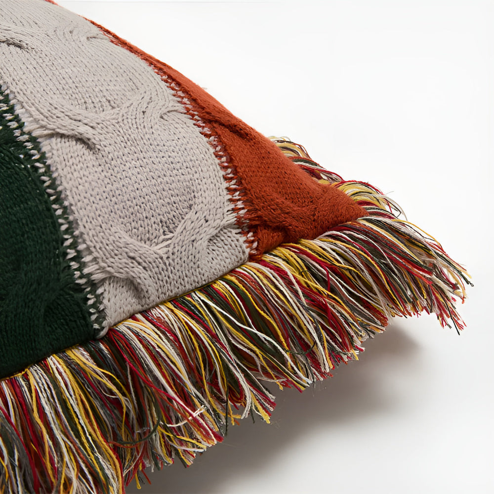 Striped Cable Knit Throw Cushion with Fringe, Cotton-Wool Blend - product view 8
