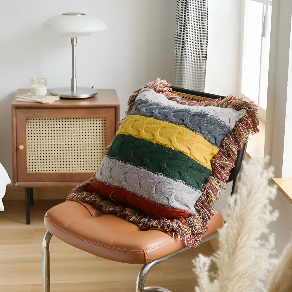 Striped Cable Knit Throw Cushion with Fringe, Cotton-Wool Blend - product view 10