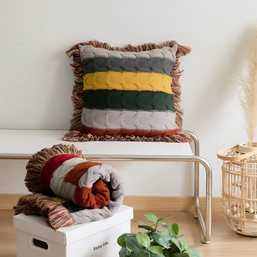 Striped Cable Knit Throw Cushion with Fringe, Cotton-Wool Blend - product view 11