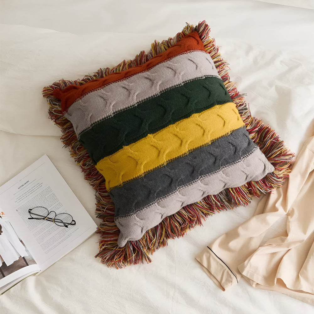 Striped Cable Knit Throw Cushion with Fringe, Cotton-Wool Blend - product view 12