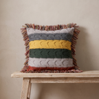 Striped Cable Knit Throw Cushion with Fringe, Cotton-Wool Blend - product view 1