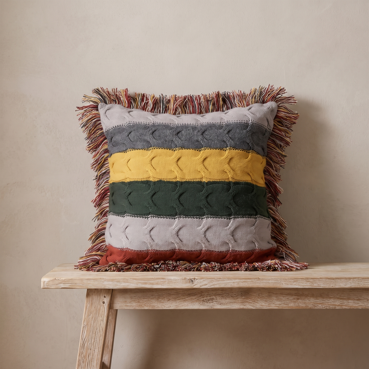 Striped Cable Knit Throw Cushion with Fringe, Cotton-Wool Blend - product view 1