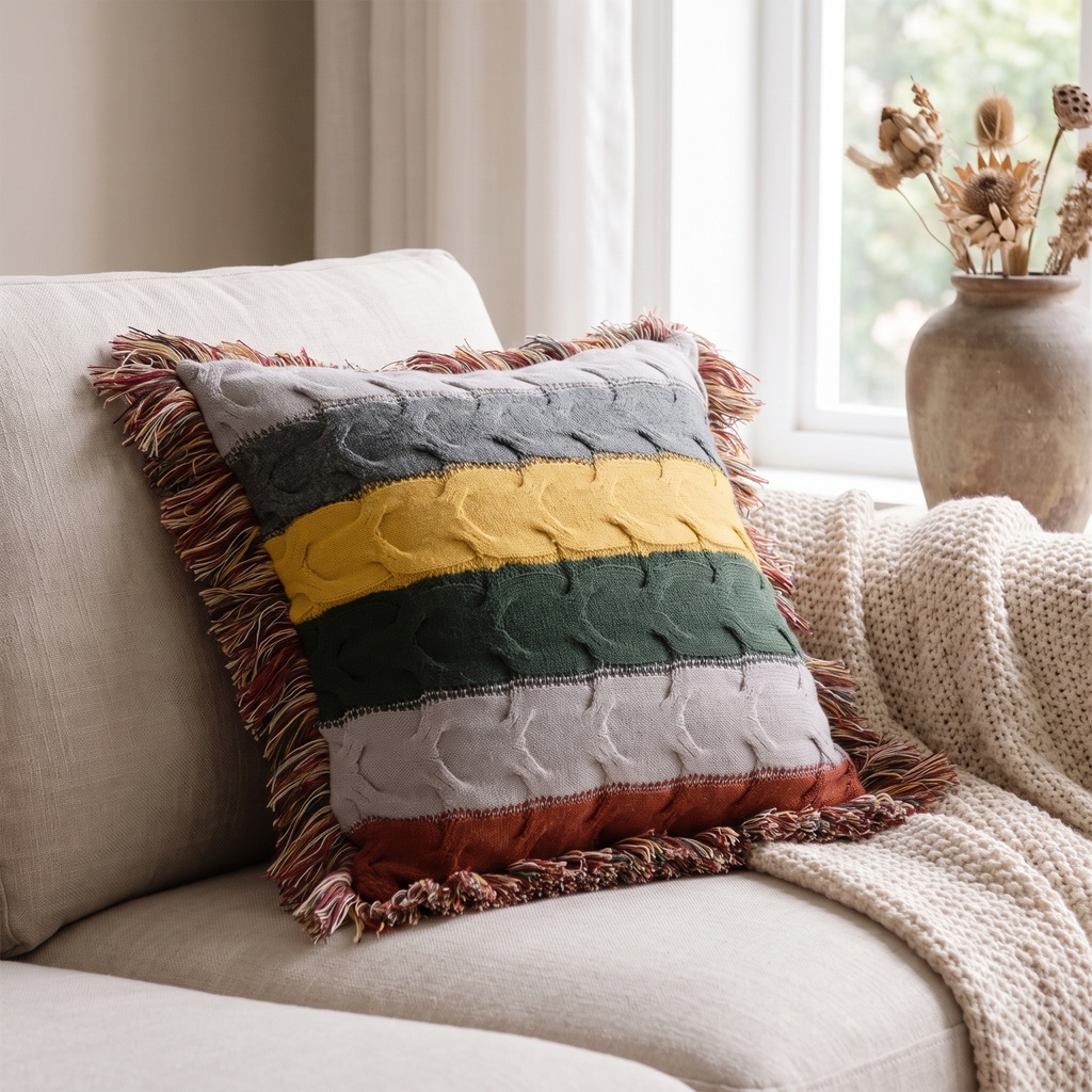 Striped Cable Knit Throw Cushion with Fringe, Cotton-Wool Blend - product view 2