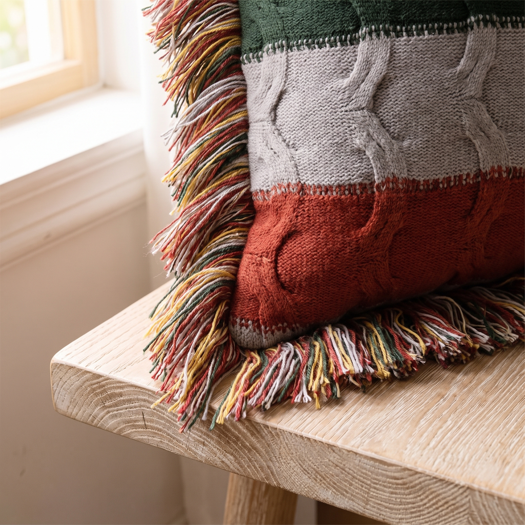 Striped Cable Knit Throw Cushion with Fringe, Cotton-Wool Blend - product view 3