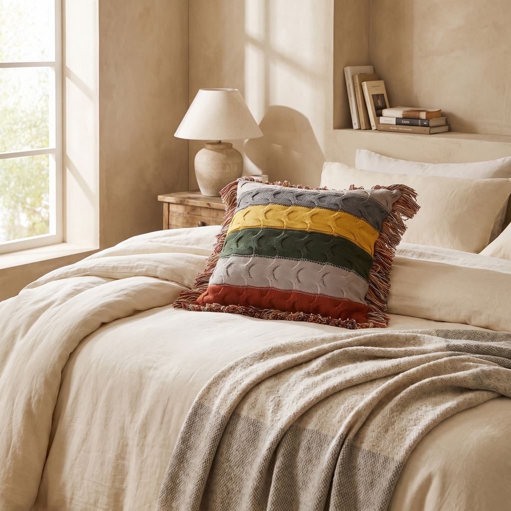 Striped Cable Knit Throw Cushion with Fringe, Cotton-Wool Blend - product view 4