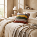 Striped Cable Knit Throw Cushion with Fringe, Cotton-Wool Blend - product view 4