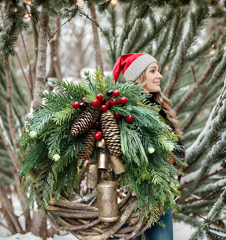 Boho Christmas Wreath with Pinecones, Berries & Golden Bells - product view 4