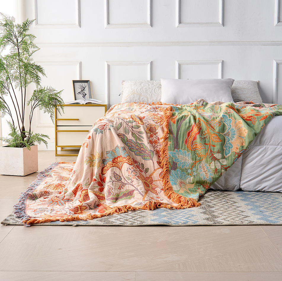 100% Cotton Floral Boho Throw Blanket with Tassels — product view 4