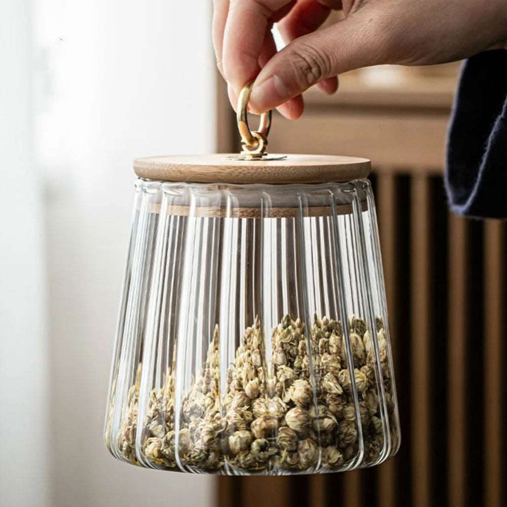 Ribbed Glass Storage Jar with Wooden Lid