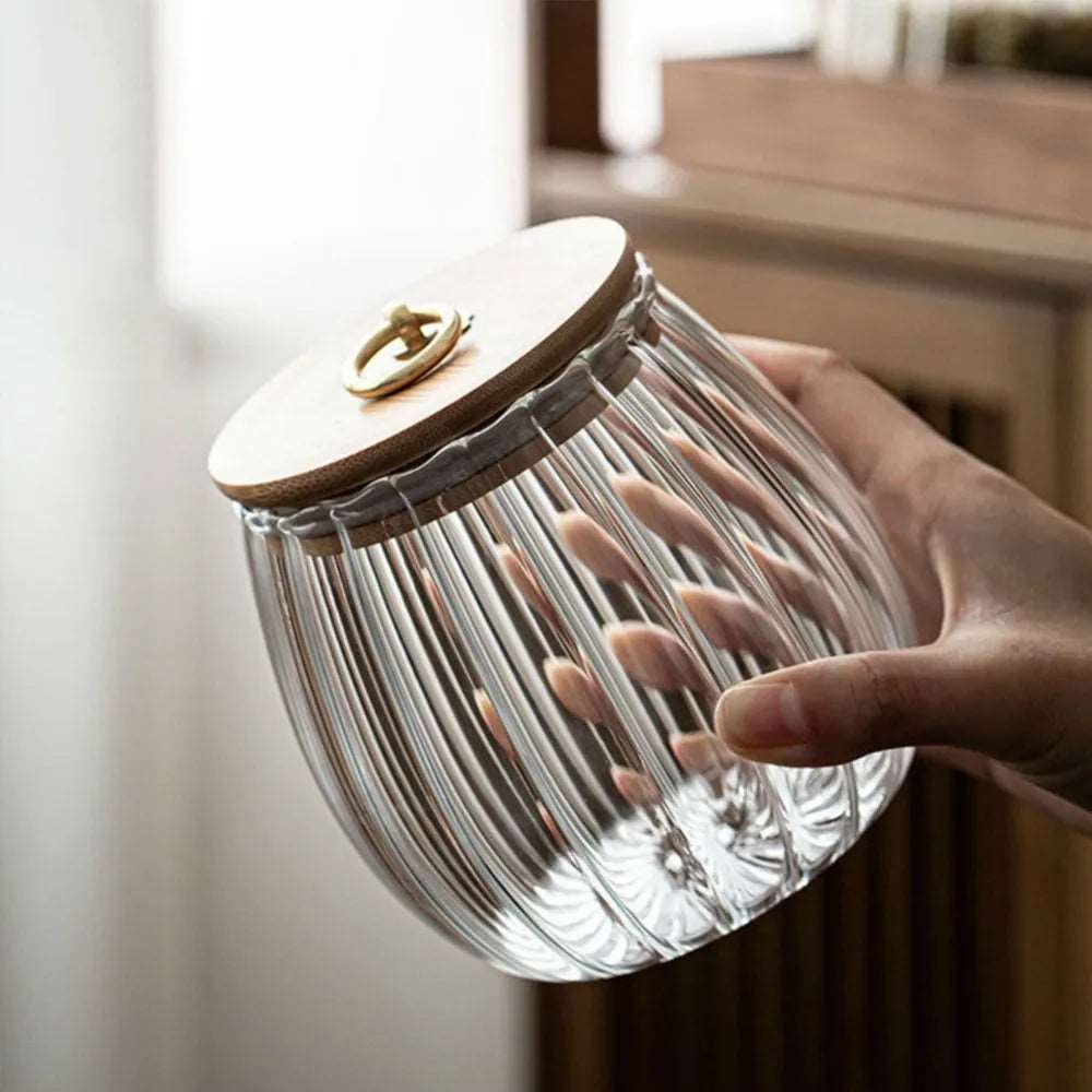 Ribbed Glass Storage Jar with Wooden Lid