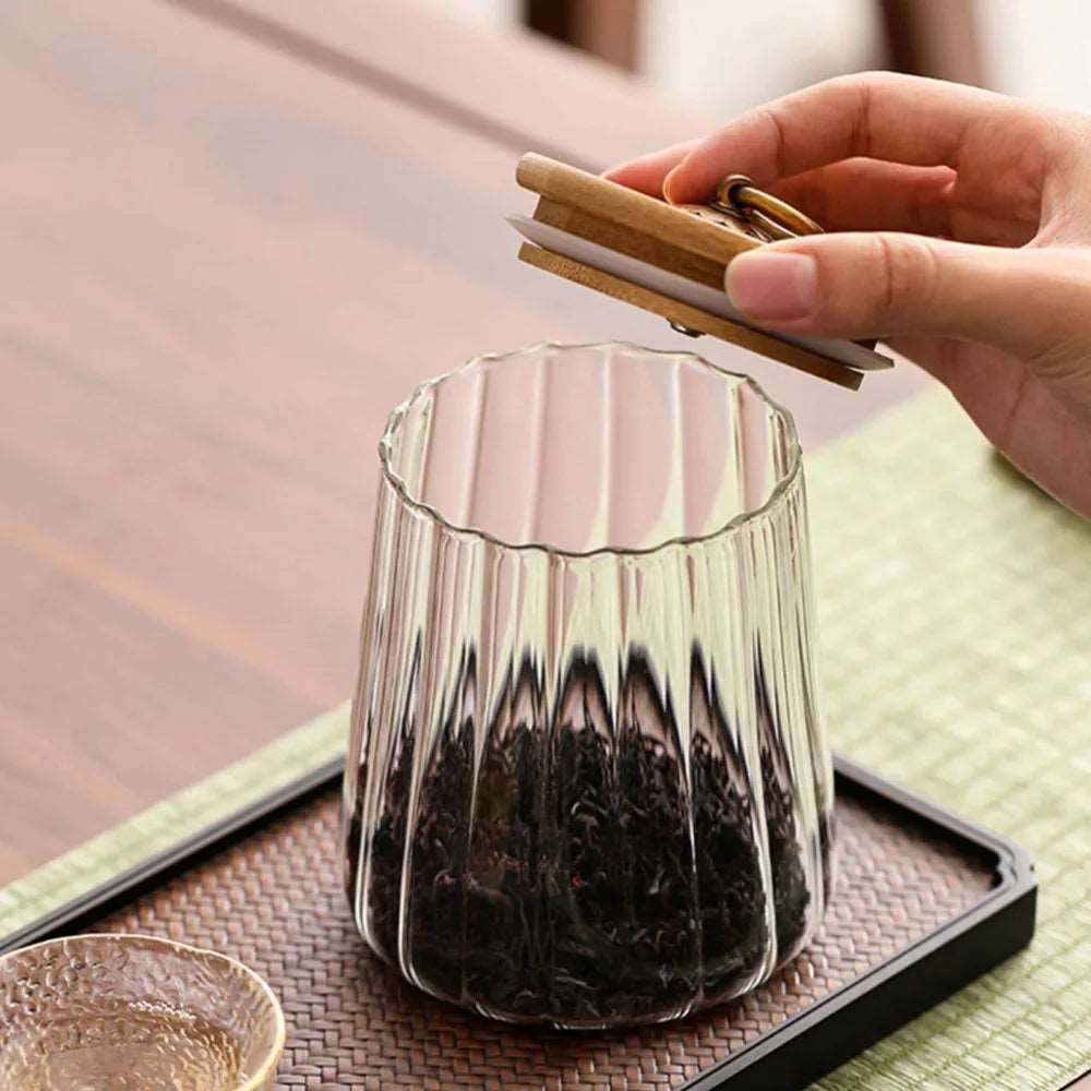 Ribbed Glass Storage Jar with Wooden Lid