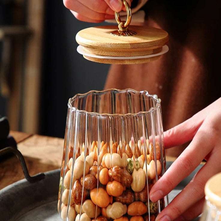 Ribbed Glass Storage Jar with Wooden Lid