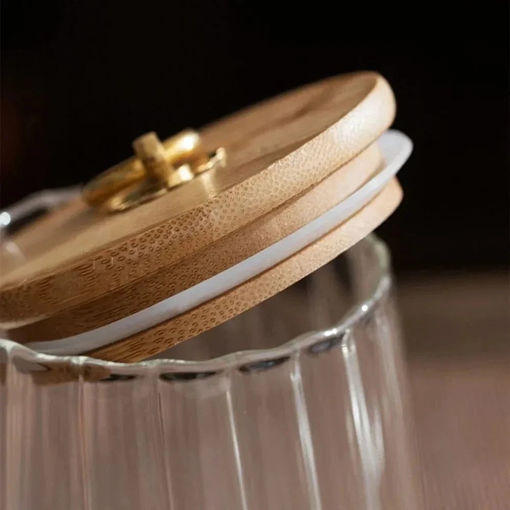 Ribbed Glass Storage Jar with Wooden Lid