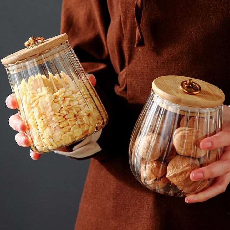 Ribbed Glass Storage Jar with Wooden Lid