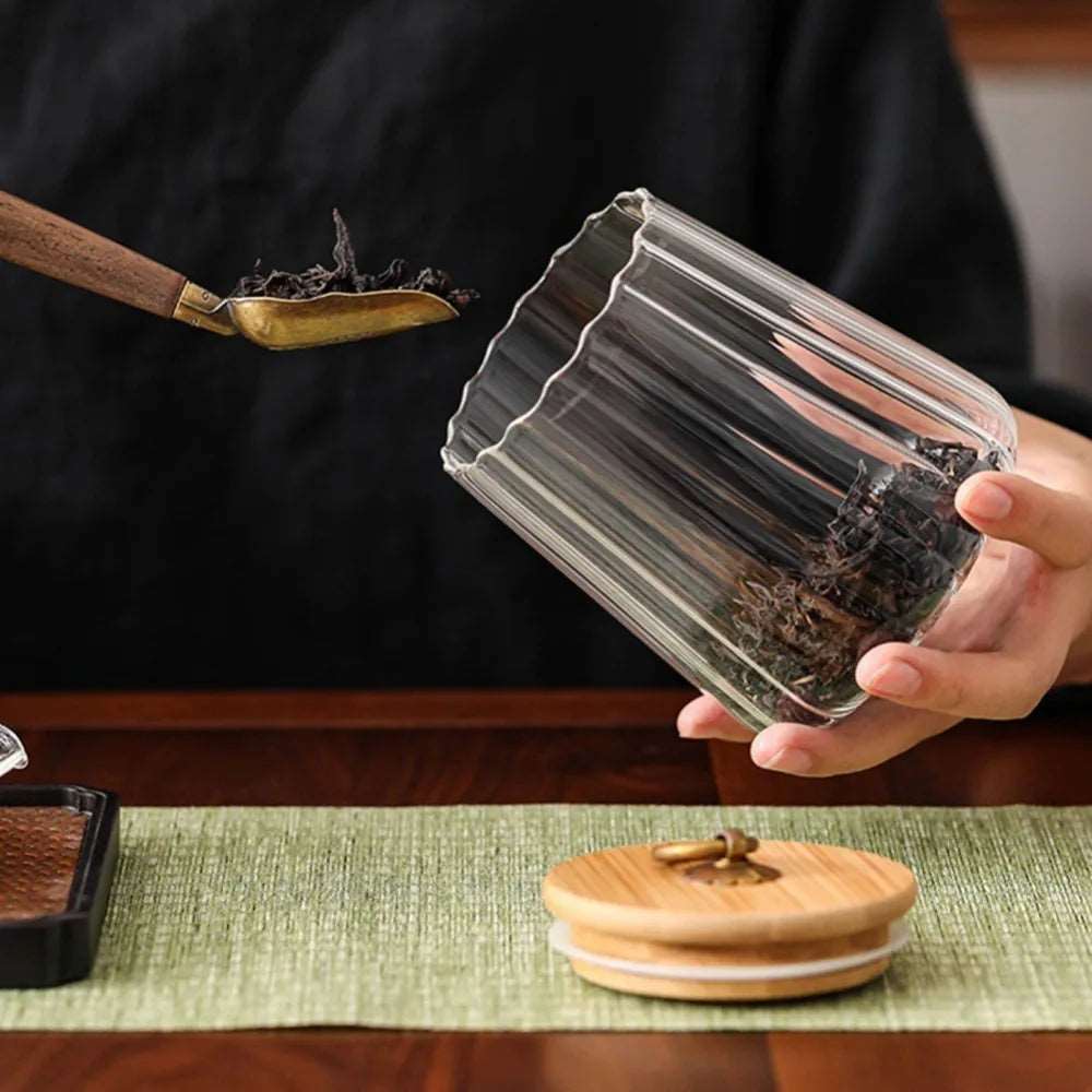 Ribbed Glass Storage Jar with Wooden Lid