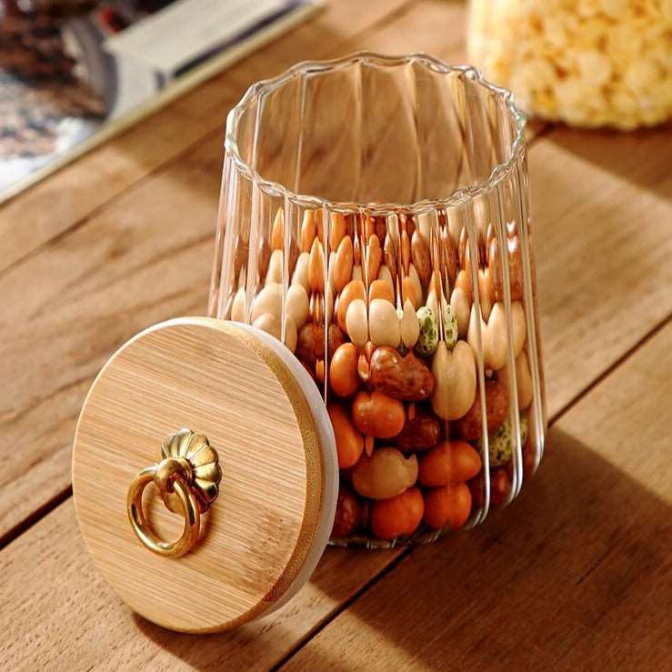 Ribbed Glass Storage Jar with Wooden Lid